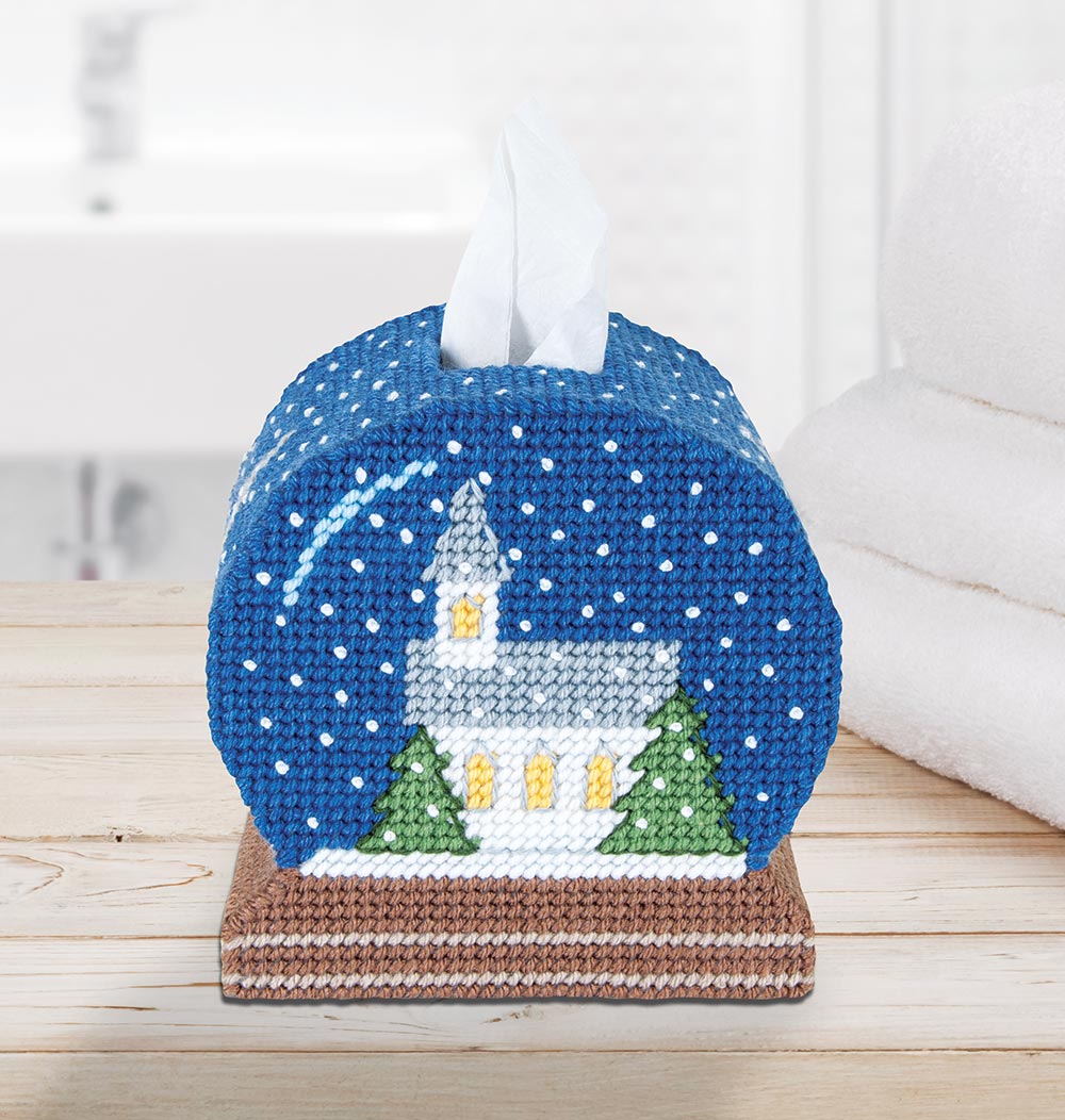 Church Snowglobe Tissue Box Cover Plastic Canvas Kit
